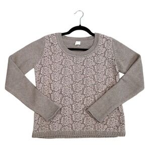 Poetry Knit Sweater Lace Front Crew Neck Long Sleeve Taupe Cotton Size US 4